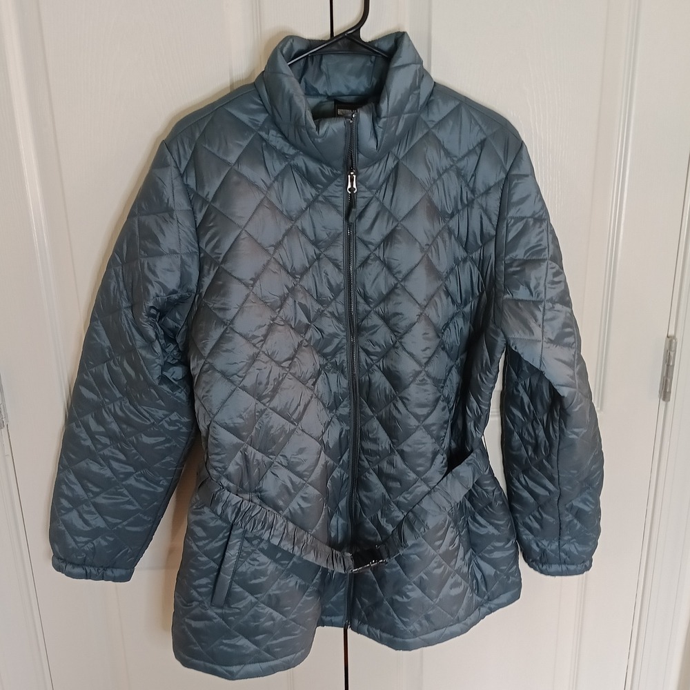 32 Degrees Heat Quilted Jacket Womens L Blue Grey Excellent Belted Puffer